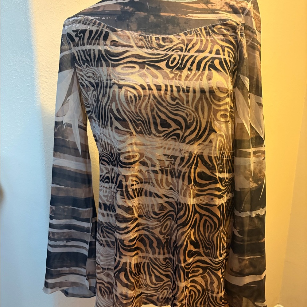 B.L.E.U. Sheer Abstract Print Top - Black and Tan